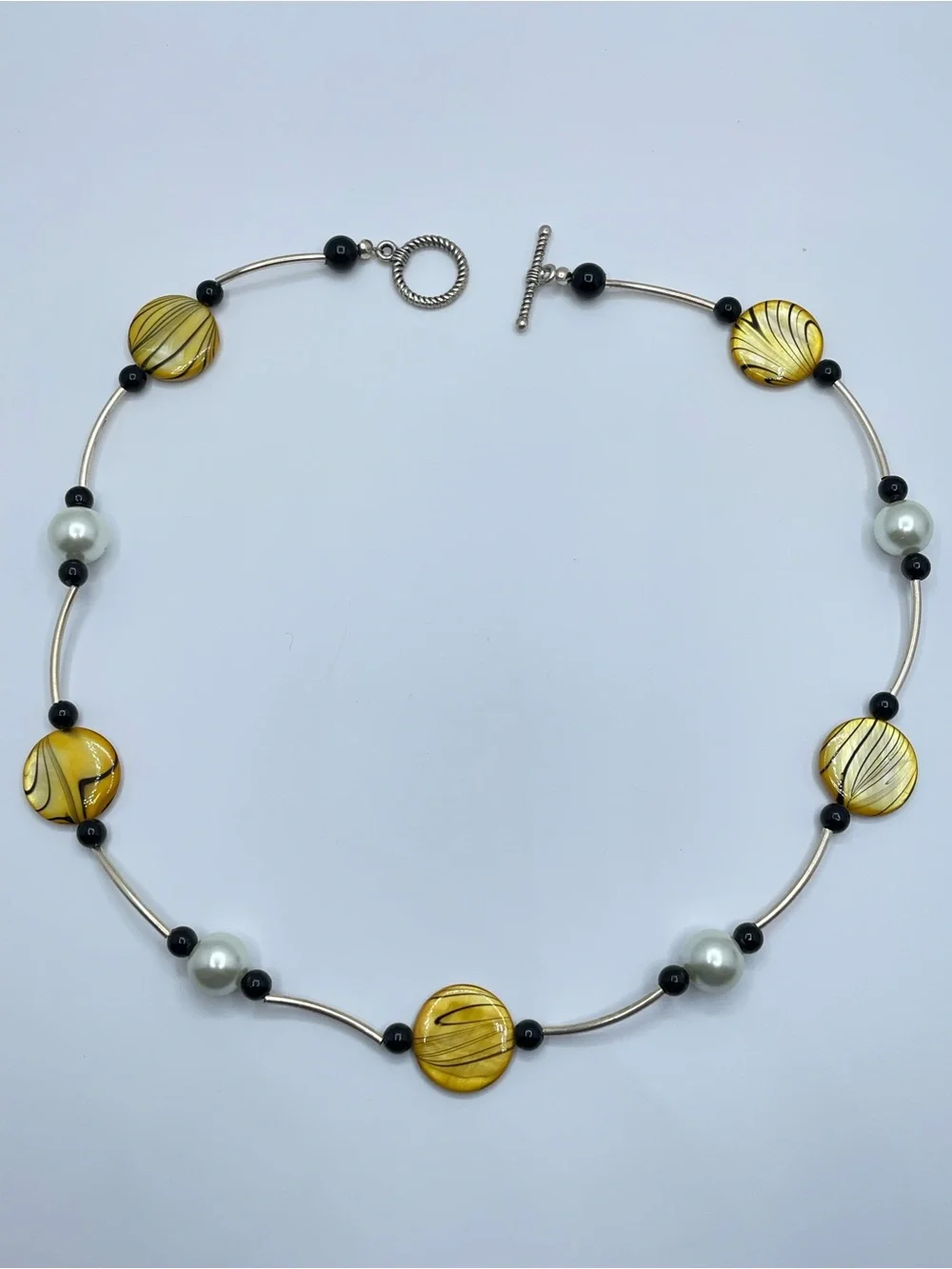 Silver Tone Beaded Necklace MOP Disc Faux Pearl Black Bead Toggle Boho